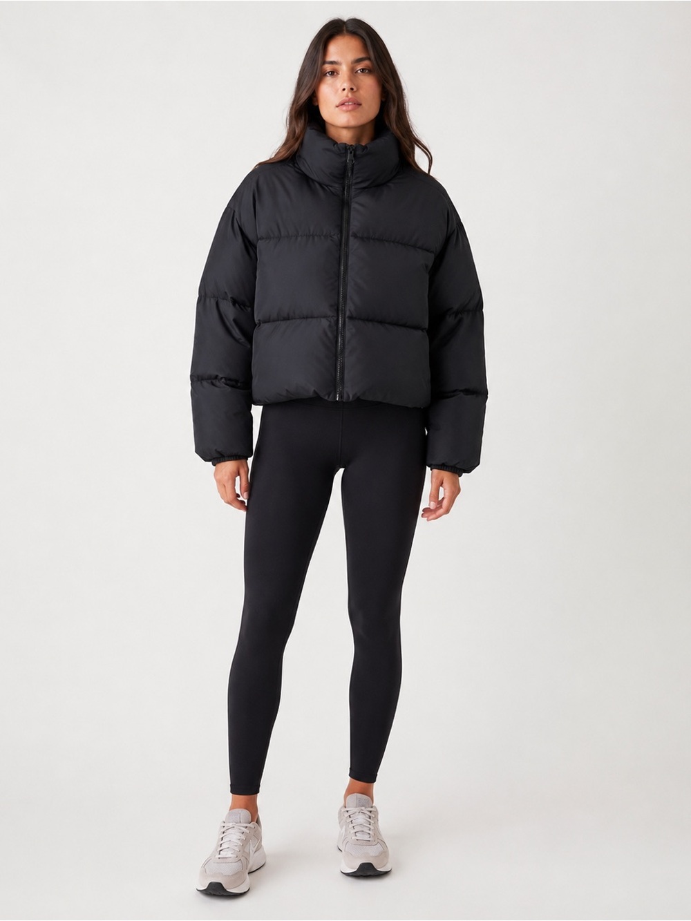 Fabletics Womens Medium Black Cropped Puffer Jacket High Collar Zip Winter Coat